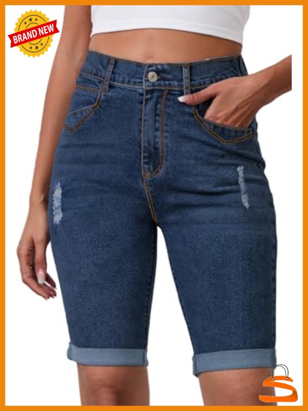 High Waisted Stretchy Denim Bermuda Shorts with Pockets